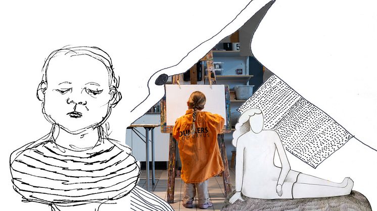 Under hökens vingar kom – en konst(ig) utställning för barn och vuxna är den första utställningen som visas i nya Konsthallen på entréplan och öppnar 30 september. Illustration: Nan Embäck. Foto och kollage: Maja Lindberg.