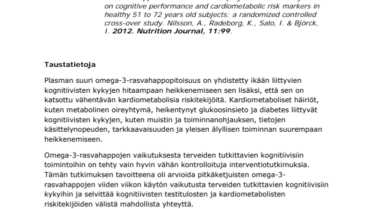 Tutkimus: Omega-3-rasvahappovalmiste parantaa kognitiivista suorituskykyä, kun arviointiperusteena käytetään työmuistia