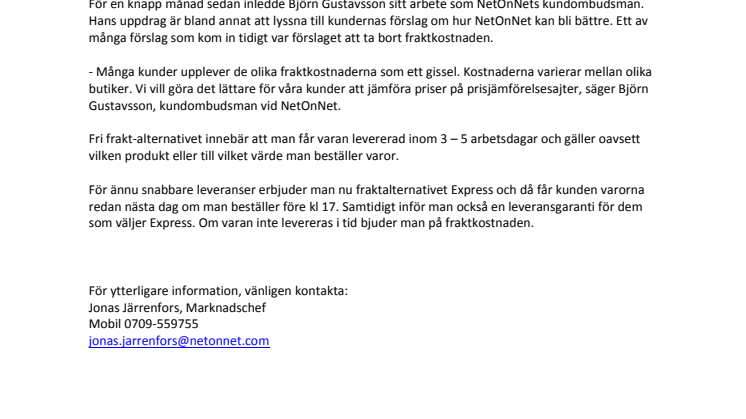 NetOnNet inför fri frakt!