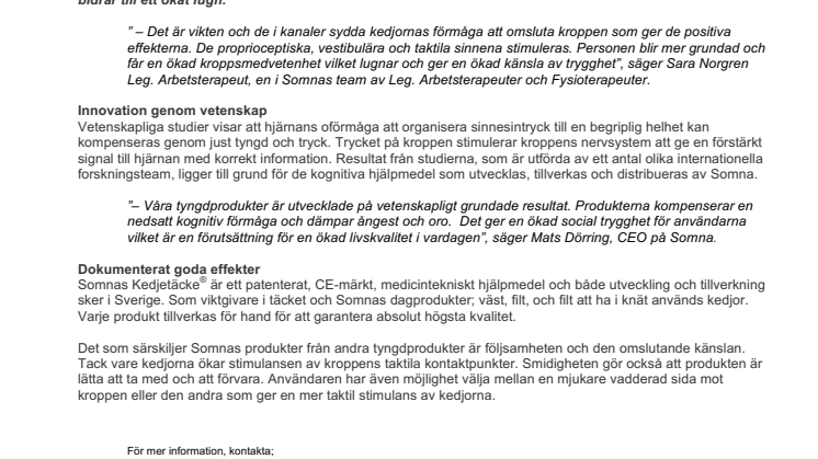Dokumenterat dämpad effekt på oro och ångest – Kedjetäcke® från Somna skapar en fungerande vardag för över 50 000 användare