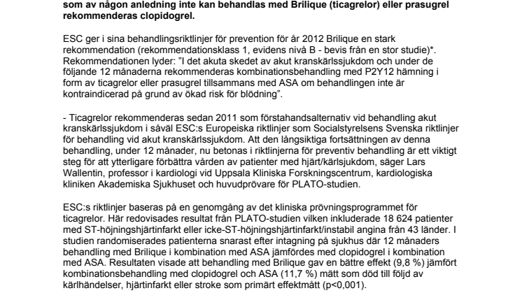ESC rekommenderar Brilique vid preventiv behandling av akut kranskärlssjukdom 