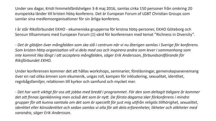 Kristna hbtq-personer samlas under Kristi  himmelsfärdshelgen för sin årliga European Forum-konferens.
