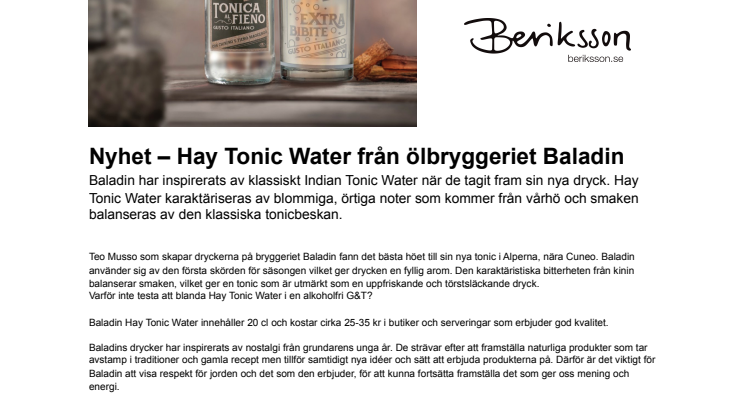 Nyhet – Hay Tonic Water från ölbryggeriet Baladin