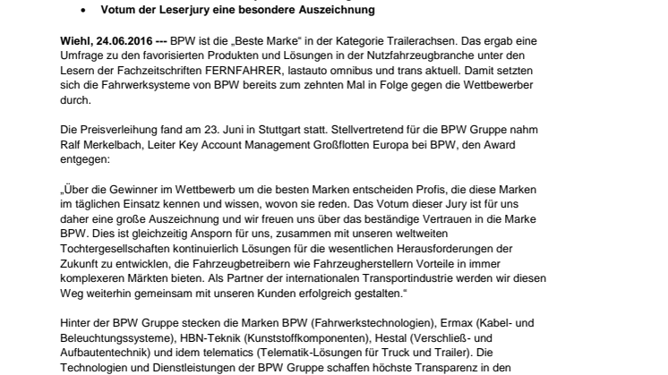 BPW gewinnt Leserwahl „Die besten Marken 2016“