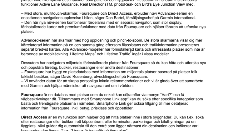 Garmin® nüvi® Advanced – med Foresquare®,  Direct Access och skärm med multitouch 