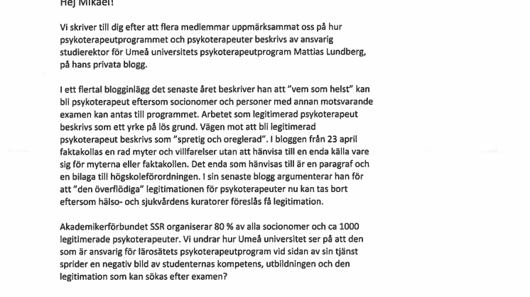 Brev till Umeå universitet från Akademikerförbundet SSR 5 december 2017