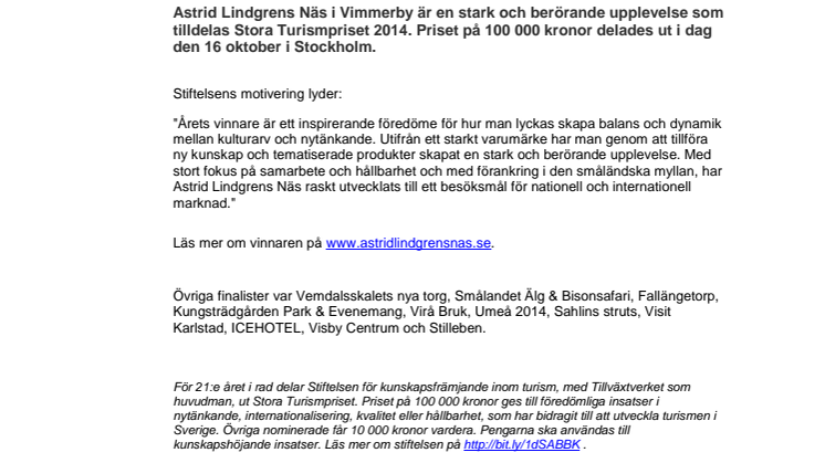 Kulturcentrum i Småland får Stora Turismpriset 2014