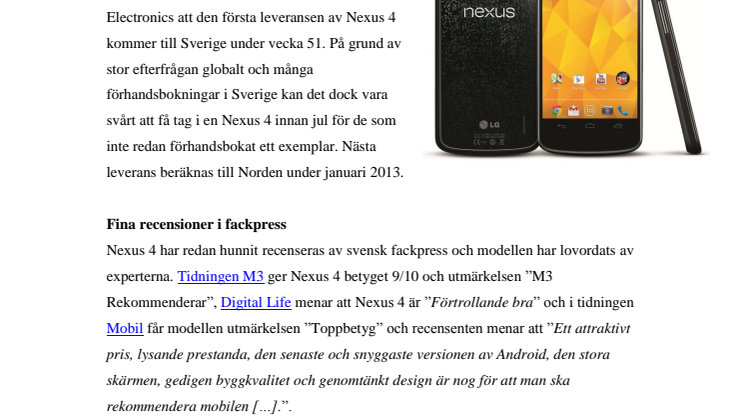 FÖRSTA LEVERANS AV NEXUS 4 TILL SVERIGE VECKA 51 