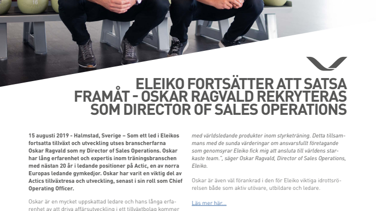 Eleiko fortsätter att satsa framåt - Oskar Ragvald rekryteras som Director of Sales Operations