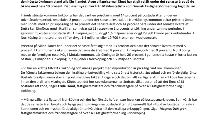 Fortsatt kraftig prisökning på bostäder - Östergötlands bostadsrätter i Sverigetopp
