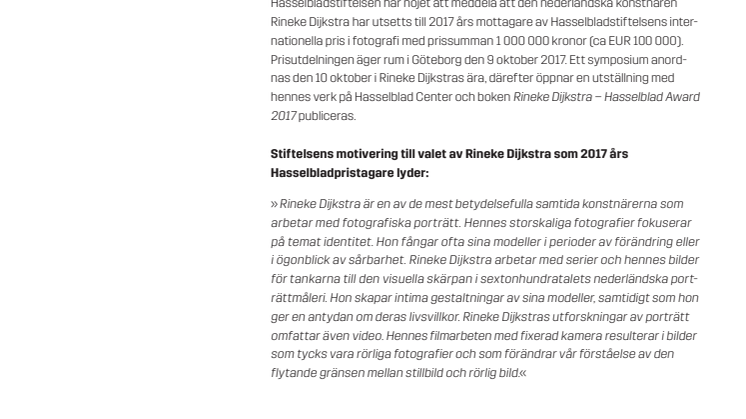 ​Rineke Dijkstra Hasselbladpristagare 2017