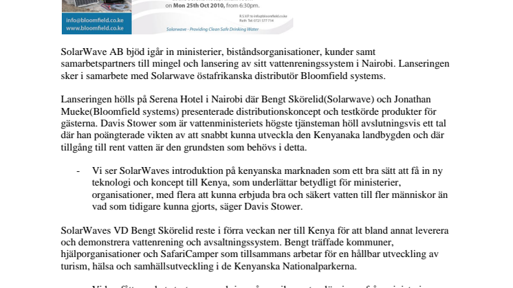 SolarWave AB och Bloomfiels Systems lanserar solenergidrivet vattenreningssystem i Nairobi.