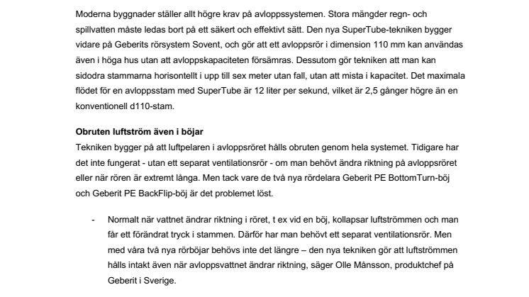 Geberit SuperTube ökar kapaciteten i avloppssystemen