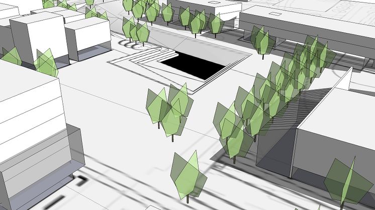 Förslagskiss: volymstudie från norr, torgbildning Linköping