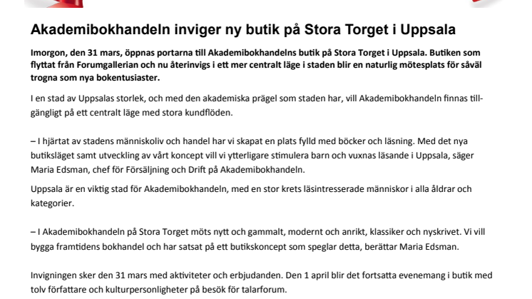 Akademibokhandeln inviger ny butik på Stora Torget i Uppsala