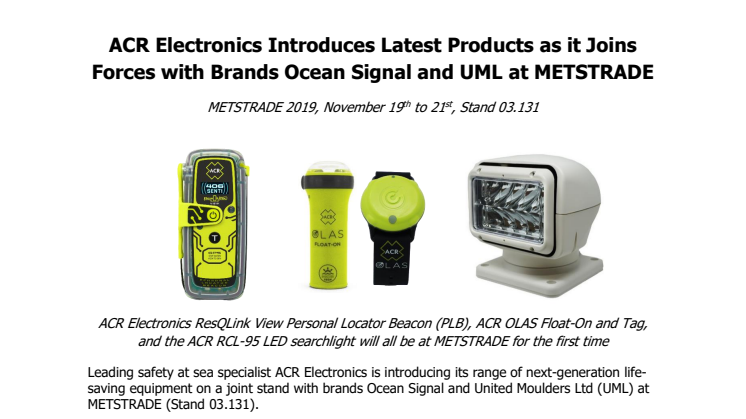 ACR Electronics Introduces Latest Products as it Joins Forces with Brands Ocean Signal and UML at METSTRADE