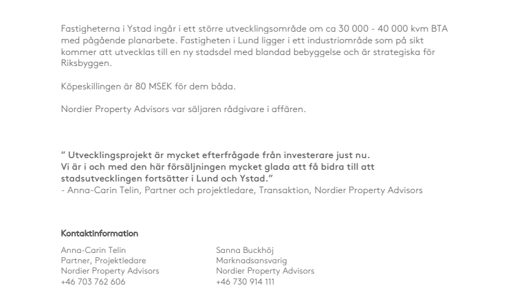Klövern säljer utvecklingsområdet ”Urmakaren” i Ystad och en mindre utvecklingsfastighet i Lund till Riksbyggen