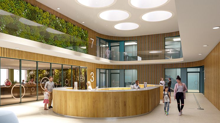 Receptionen för Medical Co-Working i Barkarbystadens kvarter 9. Bild: BAU