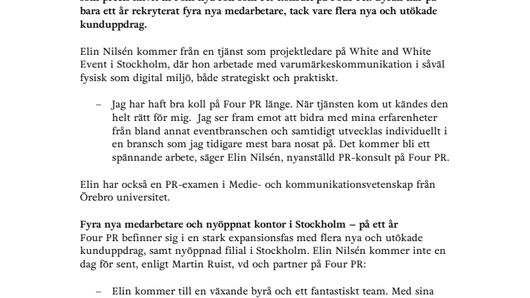 Four PR växer ytterligare – rekryterar ny PR-konsult 