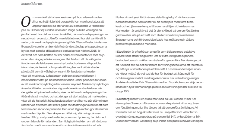 Erik Olsson Fastighetsförmedling kommenterar bostadsmarknaden 16 maj 2018