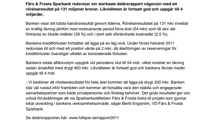 Färs & Frosta Sparbank redovisar stark delårsrapport
