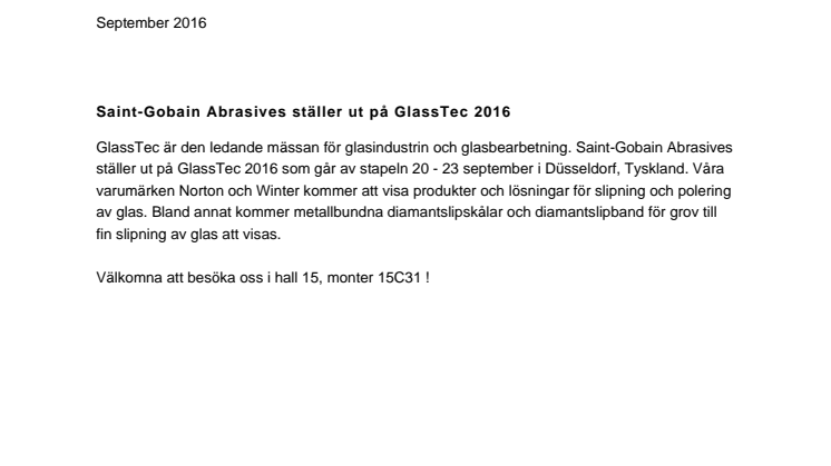 Saint-Gobain Abrasives ställer ut på GlassTec 2016