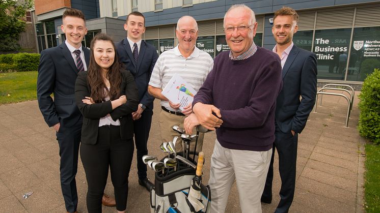 Business student’s James Smith, Abby Wiffen and James Sopp with Peter Jobe and John Hall from the GCMA Northern Region and fellow student Fraser Mair.  