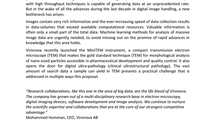 Vironova AB is collaborating partner in Big Data and Computational Science project that received 29 M SEK in funding from the Swedish foundation for Strategic Research.