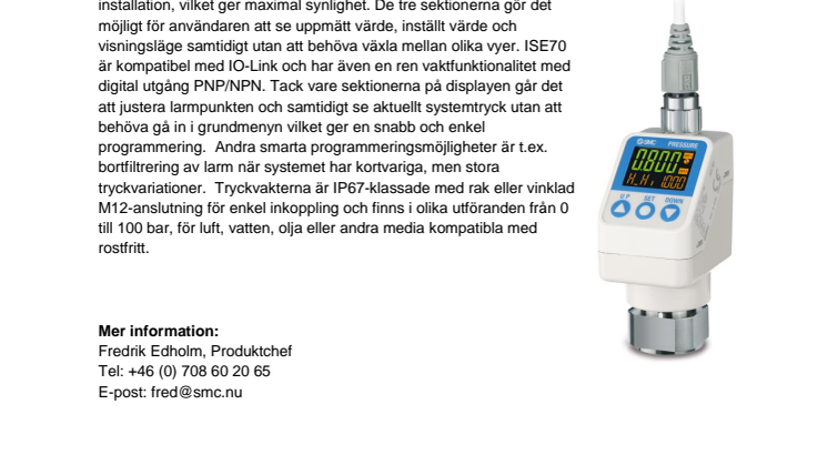 SMC lanserar nya tryckvakter med IO-Link för höga tryck