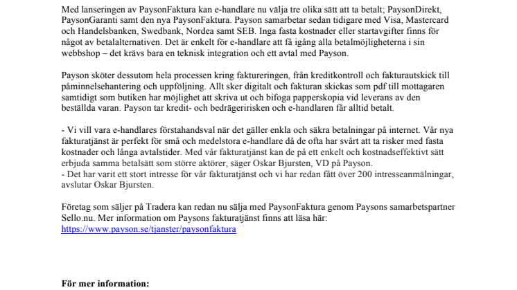 Payson allt närmare totallösning för e-handlare –  lanserar ny fakturatjänst 