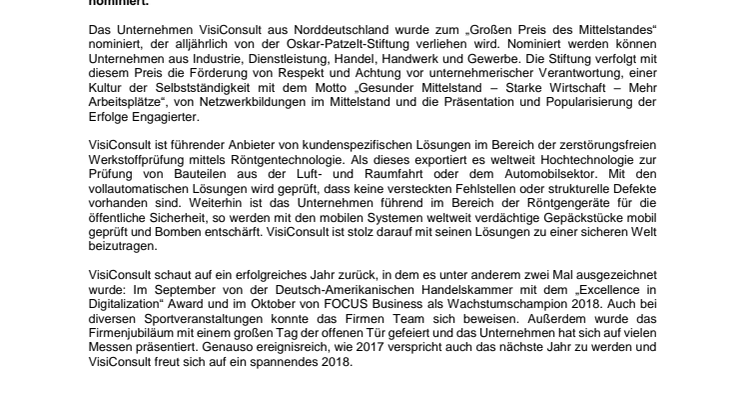 VisiConsult zum „Großen Preis des Mittelstandes“ nominiert