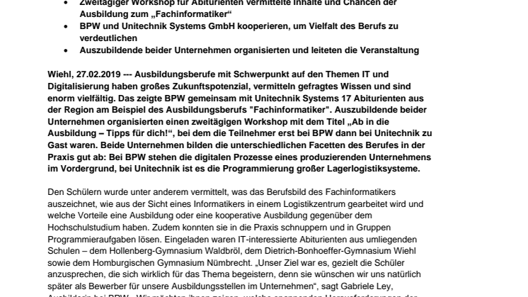 BPW und Unitechnik begeistern Schüler für IT-Ausbildungsberufe