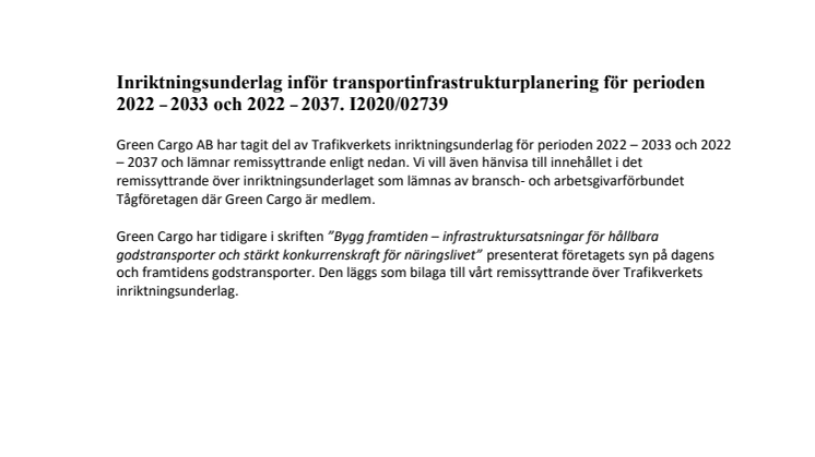 Remissvar Trafikverkets inriktningsunderlag Green Cargo 210114