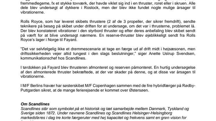 Hybridfærgen M/F Berlin atter i drift på Gedser-Rostock