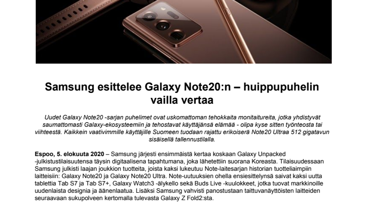 Samsung esittelee Galaxy Note20:n – huippupuhelin vailla vertaa