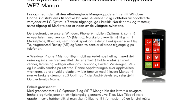 LG Optimus 7 - den første mobilen i Norge med WP7 Mango