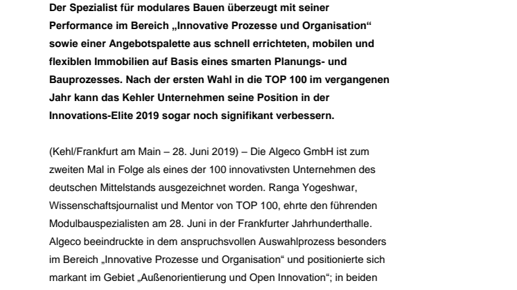 Algeco erneut unter den Top 100 innovativsten Mittelständlern