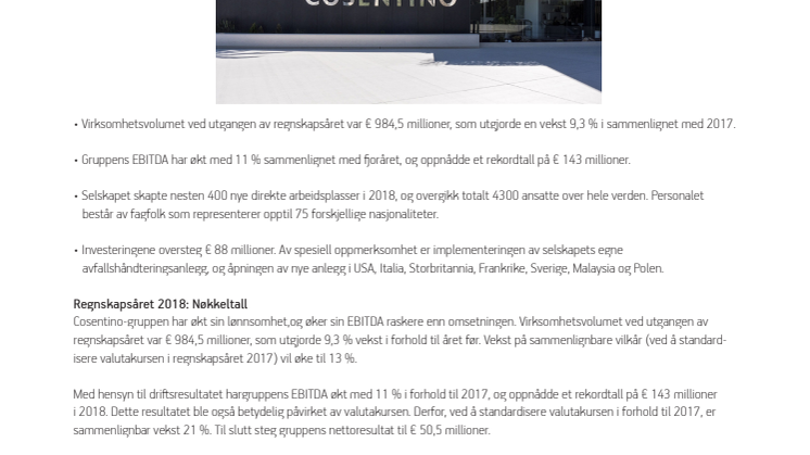 Cosentino-gruppen oppnår en omsetning på € 984,5 millioner i 2018, med en rekord-EBITDA på € 143 millioner.