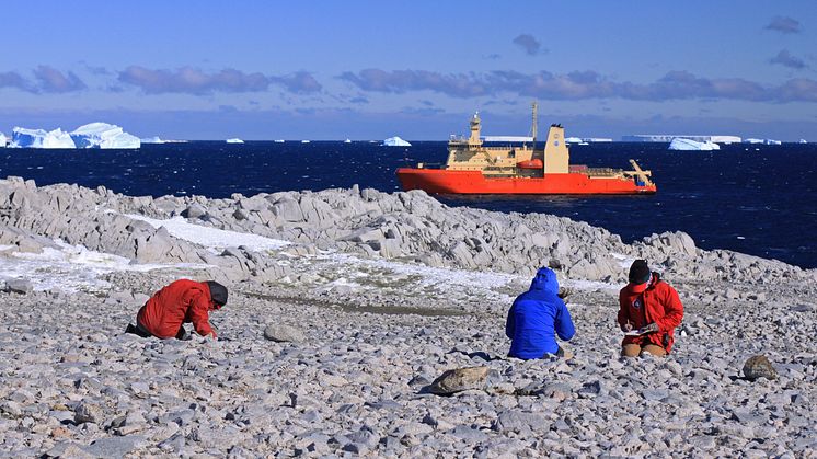 Researchers collecting radiocarbon samples on the Lindsey Islands, Pine Island Bay, Antarctica