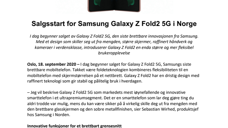 Salgsstart for Samsung Galaxy Z Fold2 5G i Norge