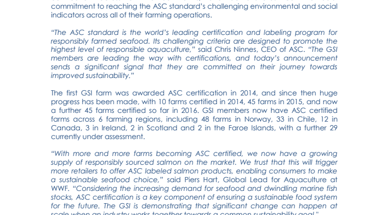 THE GLOBAL SALMON INITIATIVE (GSI) members have reached 100 ASC certified farms