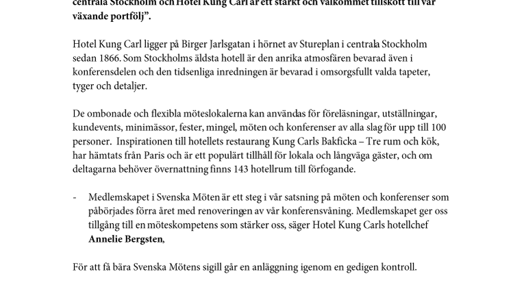 Hotel Kung Carl är ny medlem i Svenska Möten