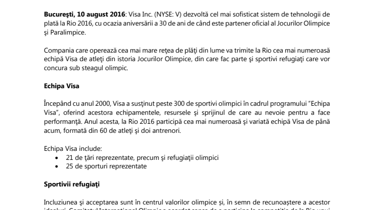 Visa aniversează 30 de ani de parteneriat olimpic cu noi tehnologii wearable de plată şi o echipă de atleţi extinsă la Jocurile Olimpice de la Rio 2016