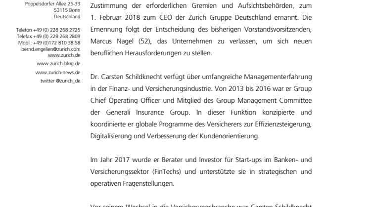 Dr. Carsten Schildknecht wird zum CEO der Zurich Gruppe Deutschland ernannt