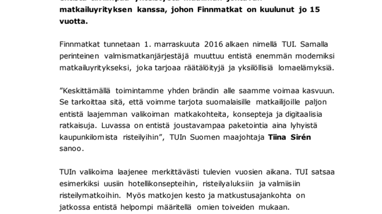 Finnmatkat on jatkossa TUI