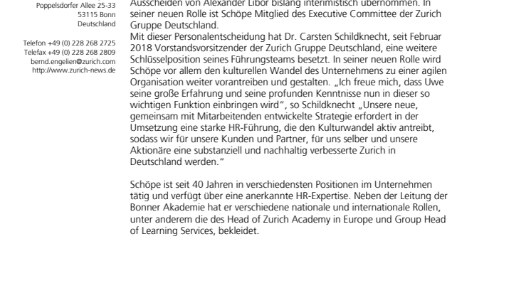 Uwe Schöpe ist Head of HR der Zurich Gruppe Deutschland 