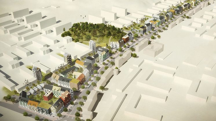 I kvarter 3 längs Litteraturgatan ska över hälften av det inbyggda materialet vara av återbruk. Illustration: OkiDoki Arkitekter
