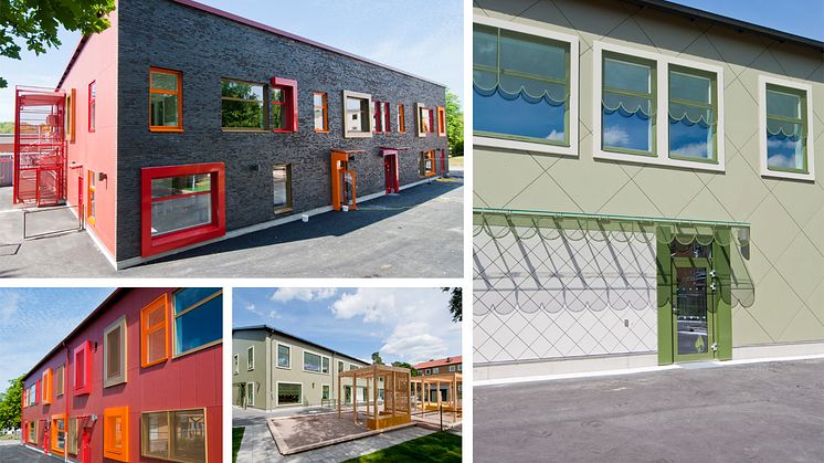 Bredbyplans förskola i svart och rött och Emågatans förskola i ljusgrönt.