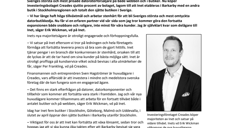 ​Sven Hagströmers Creades blir majoritetsägare i Inet