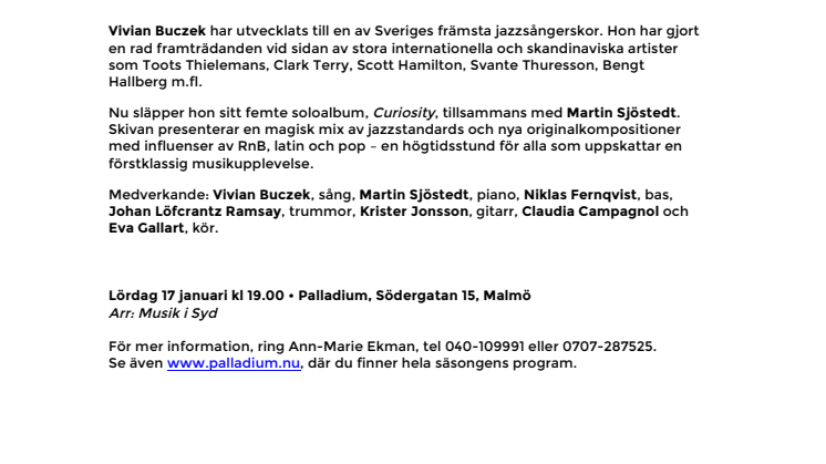 Vivian Buczek med Martin Sjöstedt på Palladium Malmö 17 januari – releasekonsert Curiosity